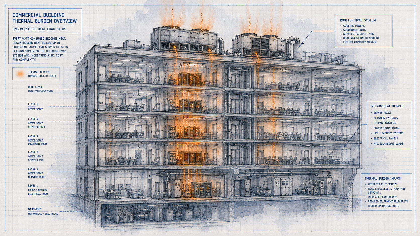 Commercial building cross-section showing multiple floors with server closets and equipment rooms glowing amber and orange with concentrated heat burden. Rooftop HVAC system visible at top unable to reach interior hotspots. Blueprint watercolor doctrine. Design intent only.