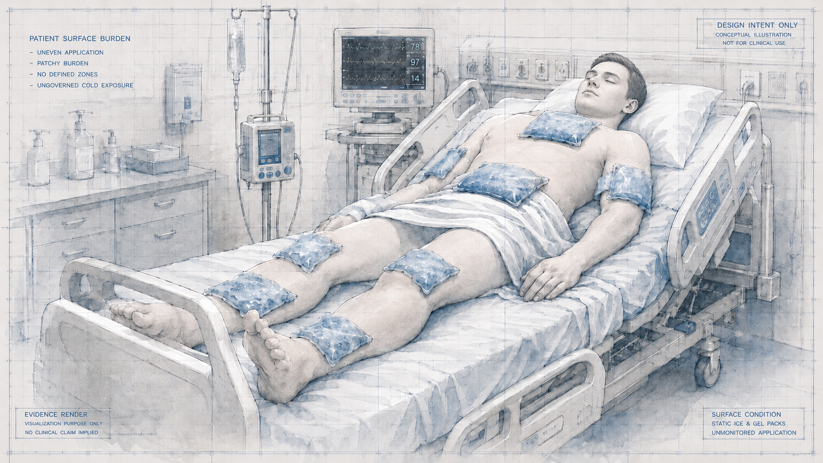 Hospital patient surface thermal burden -- conventional static cold application, unmonitored exposure, no zone resolution. Blueprint watercolor doctrine. Design intent only.