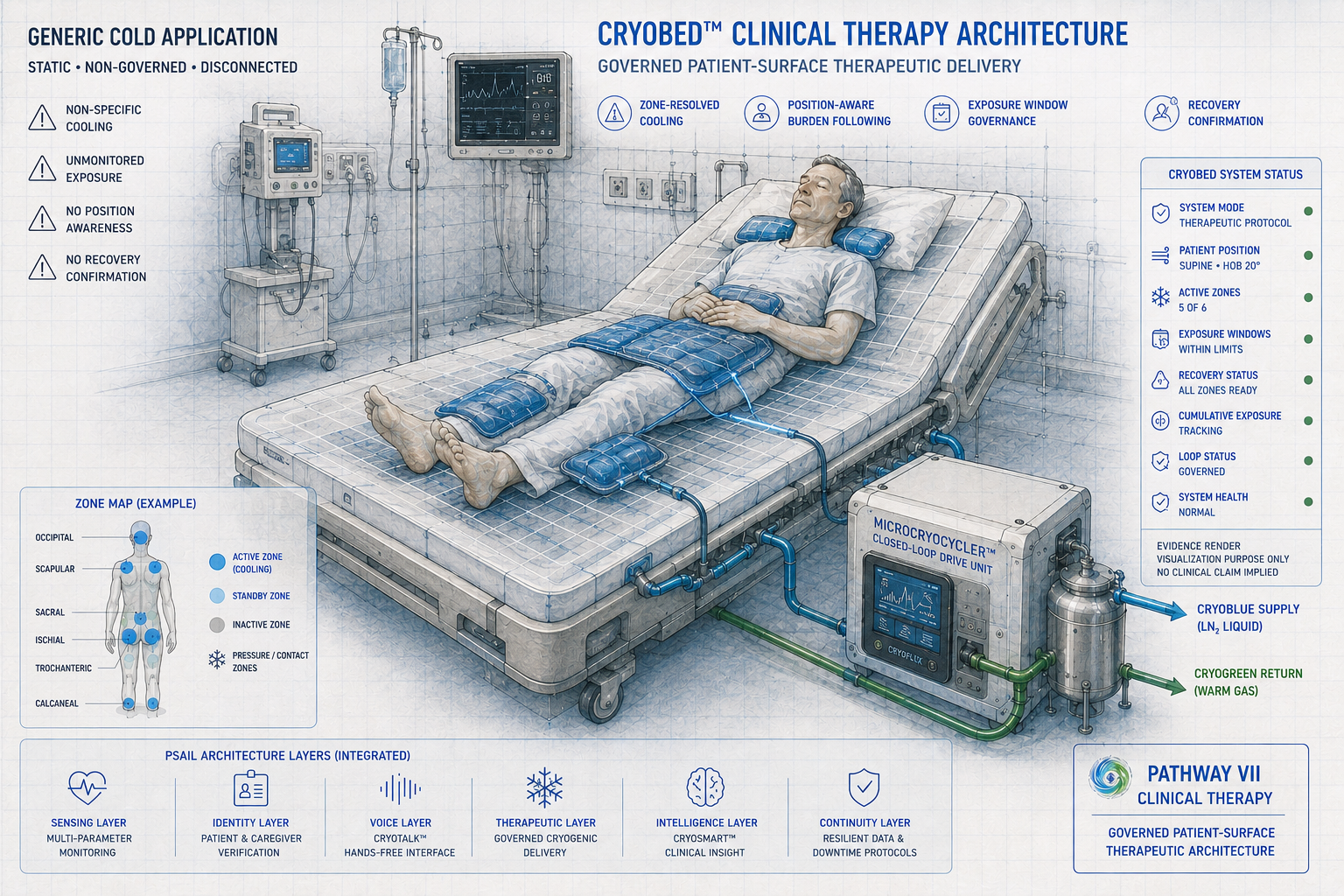 CryoFlux Clinical Therapy Lane -- Generic cold application on left showing non-specific, unmonitored, disconnected cold. CryoBed PSAIL platform at center with CryoMattress distributed cryogenic thermal governance interface, zone-resolved cooling across six body zones, and MicroCryoCycler drive unit. Clinical disclaimer: Informational only. Not diagnostic. Clinical judgment governs all care.