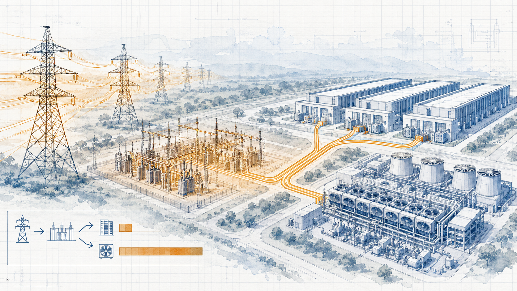 Power grid burden -- transmission towers and high-voltage lines feeding substation, two amber power paths splitting to data center compute halls and mechanical cooling plant. Blueprint watercolor style.
