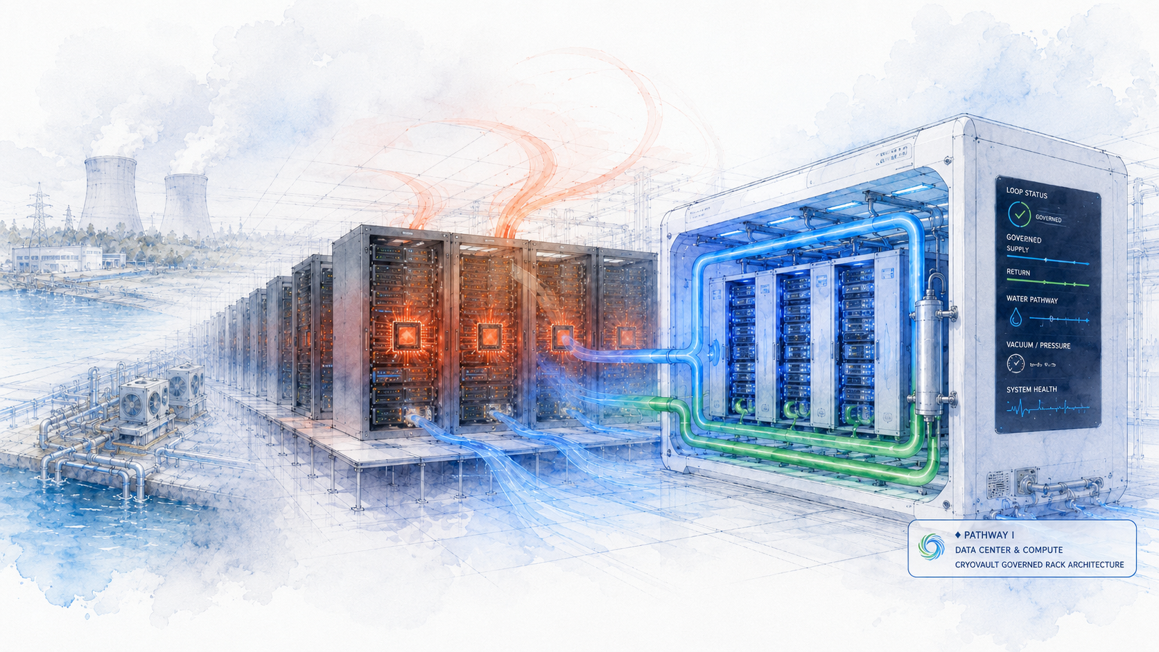 CryoFlux Data Center Lane -- conventional thermal burden on the left with orange heat plumes and cooling towers; CryoVault governed rack architecture on the right with CryoBlue supply and CryoGreen return loops and telemetry panel showing governed state.