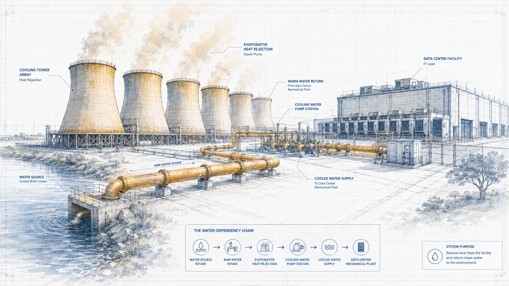 The water-dependency chain -- cooling tower array with evaporative heat rejection steam plume, raw water intake pipes, cooling water pump station, data center facility. Full dependency chain labeled. Blueprint watercolor style.
