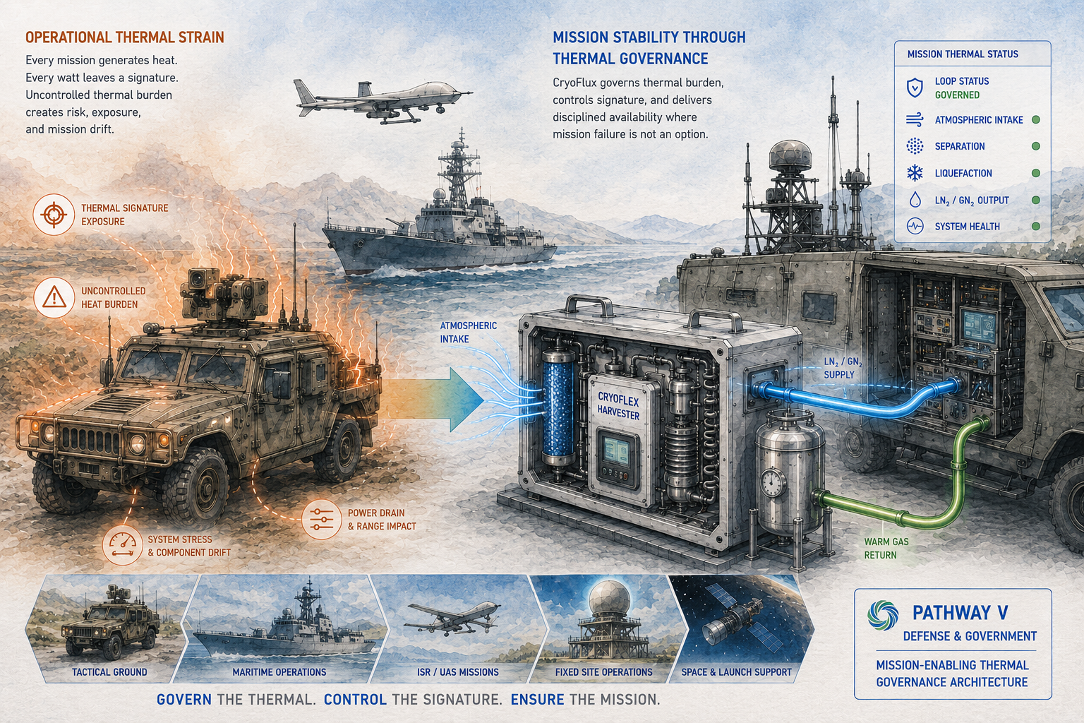 CryoFlux Defense and Government Lane -- Operational thermal strain on left with HMMWV showing thermal signature exposure, uncontrolled heat burden, system stress, and power drain. CryoFlex Harvester at center governing the thermal burden. Mission hardware integration on right with CryoBlue supply and CryoGreen warm gas return. Five application domains: Tactical Ground, Maritime Operations, ISR/UAS, Fixed Site, Space and Launch Support.