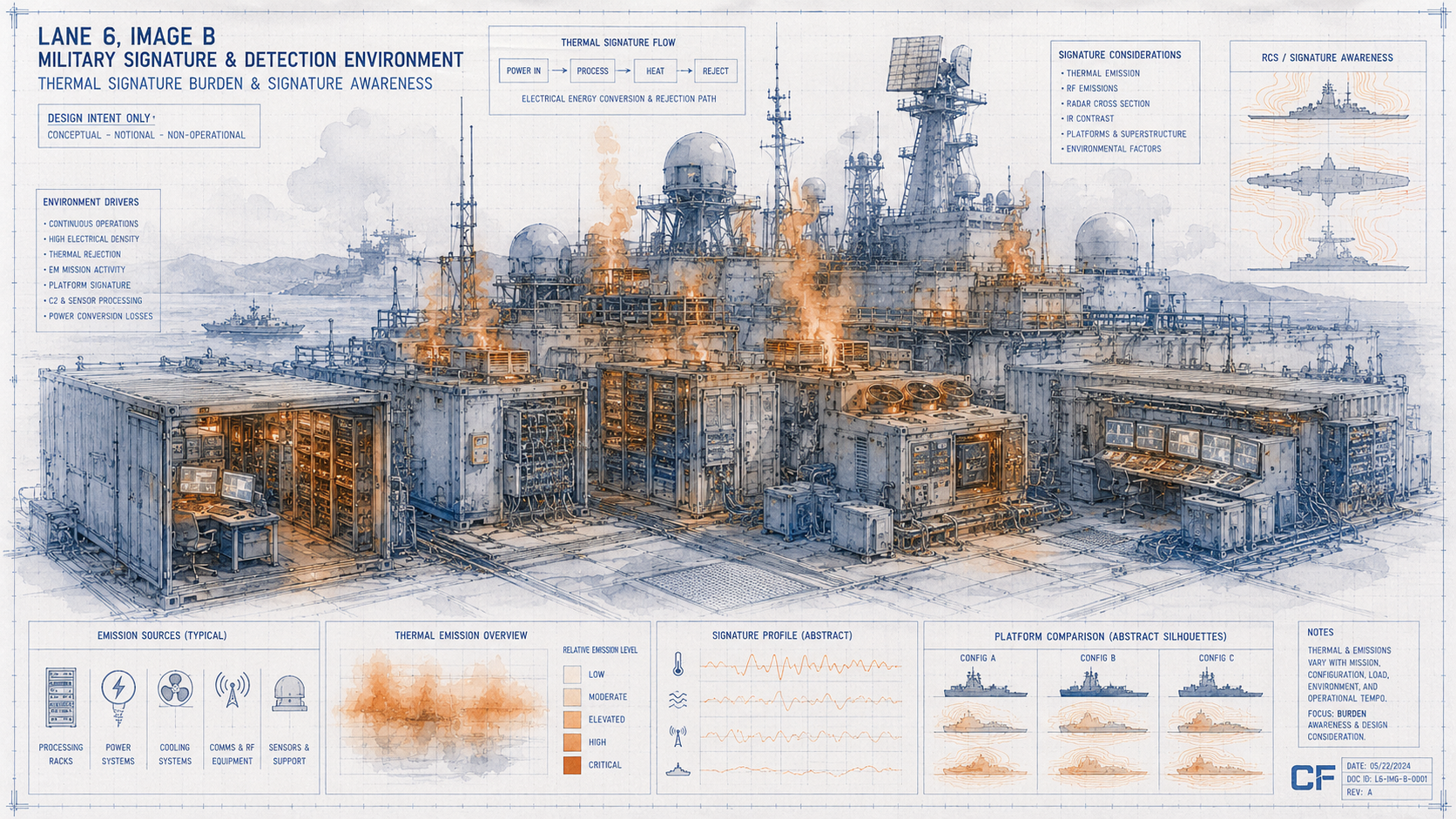 Military signature and detection environment -- amber and orange thermal emission plumes from electronics against cool operational background. Infrared detection implication through visual tension only. Blueprint watercolor doctrine. Design intent only.