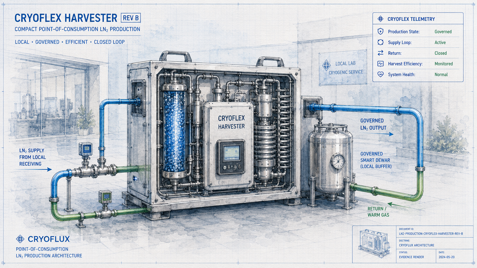 CryoFlex Harvester -- compact point-of-consumption LN2 production architecture. CryoBlue supply loop active. CryoGreen return warm gas closed. Governed smart dewar local buffer. Telemetry panel: Production State Governed, Supply Loop Active, Return Closed, Harvest Efficiency Monitored, System Health Normal. Blueprint watercolor doctrine. Design intent only.