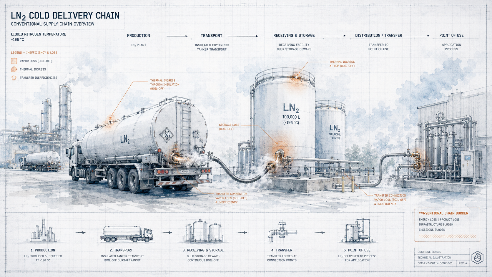 LN2 cold delivery chain -- five-stage conventional supply chain: production plant, insulated tanker transport, bulk storage dewars, transfer, point of use. Amber orange loss markers at every transfer point -- vapor plumes, boil-off annotations, thermal ingress zones. Blueprint watercolor doctrine. Design intent only.