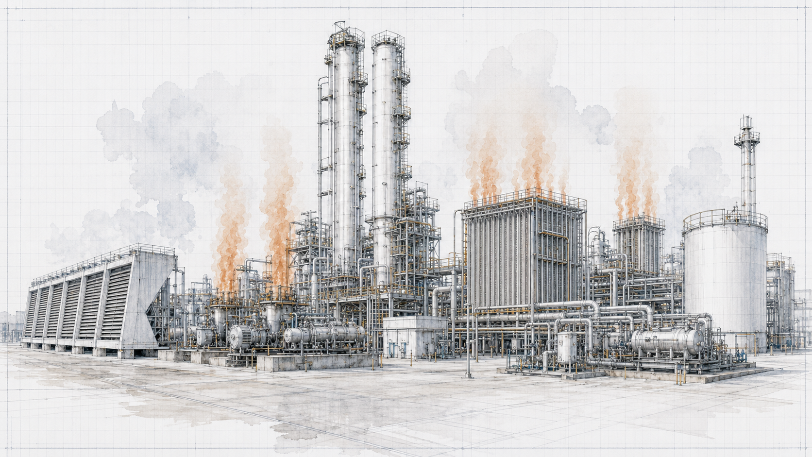 Conventional LN2 production facility -- large atmospheric distillation columns, amber and orange thermal burden plumes rising from compression equipment and heat exchangers. Blueprint watercolor doctrine. Design intent only.