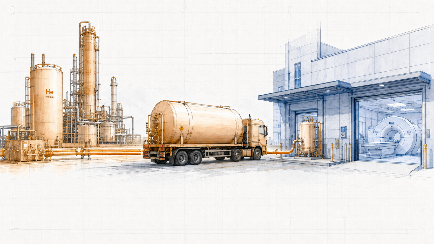 Helium supply chain -- industrial helium production facility left, cryogenic transport tanker center, hospital MRI suite right showing MRI scanner. Full dependency chain from production to clinical point of need. Watercolor blueprint style.