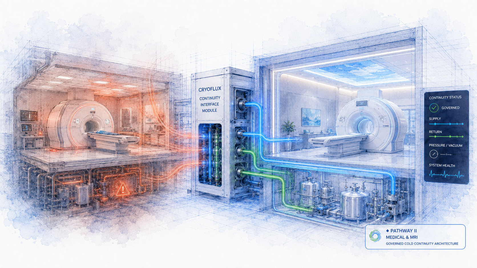 CryoFlux Medical and MRI Lane -- continuity risk condition on the left with thermal burden and warning; CryoFlux Continuity Interface Module at center; governed cold continuity architecture on the right with CryoBlue supply and CryoGreen return protecting the superconducting MRI environment.