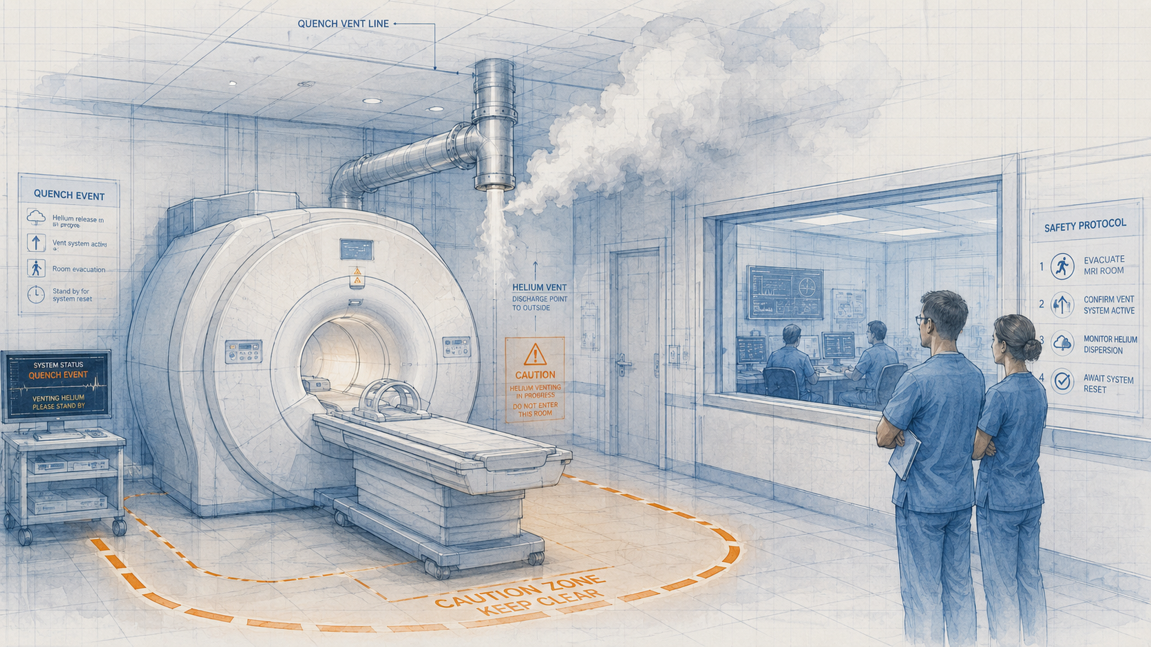 MRI quench event -- helium venting through quench vent line to outside, caution zone on floor, system status showing quench event in progress, clinical staff observing safely from outside the room. Safety protocol panel visible. Watercolor blueprint style.