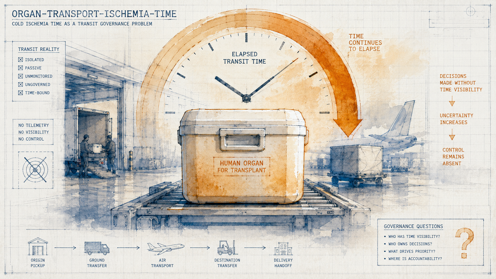 Cold ischemia time burden -- clock, transit stages, thermal degradation implied, delayed graft function risk rising with time. Blueprint watercolor doctrine. Design intent only.