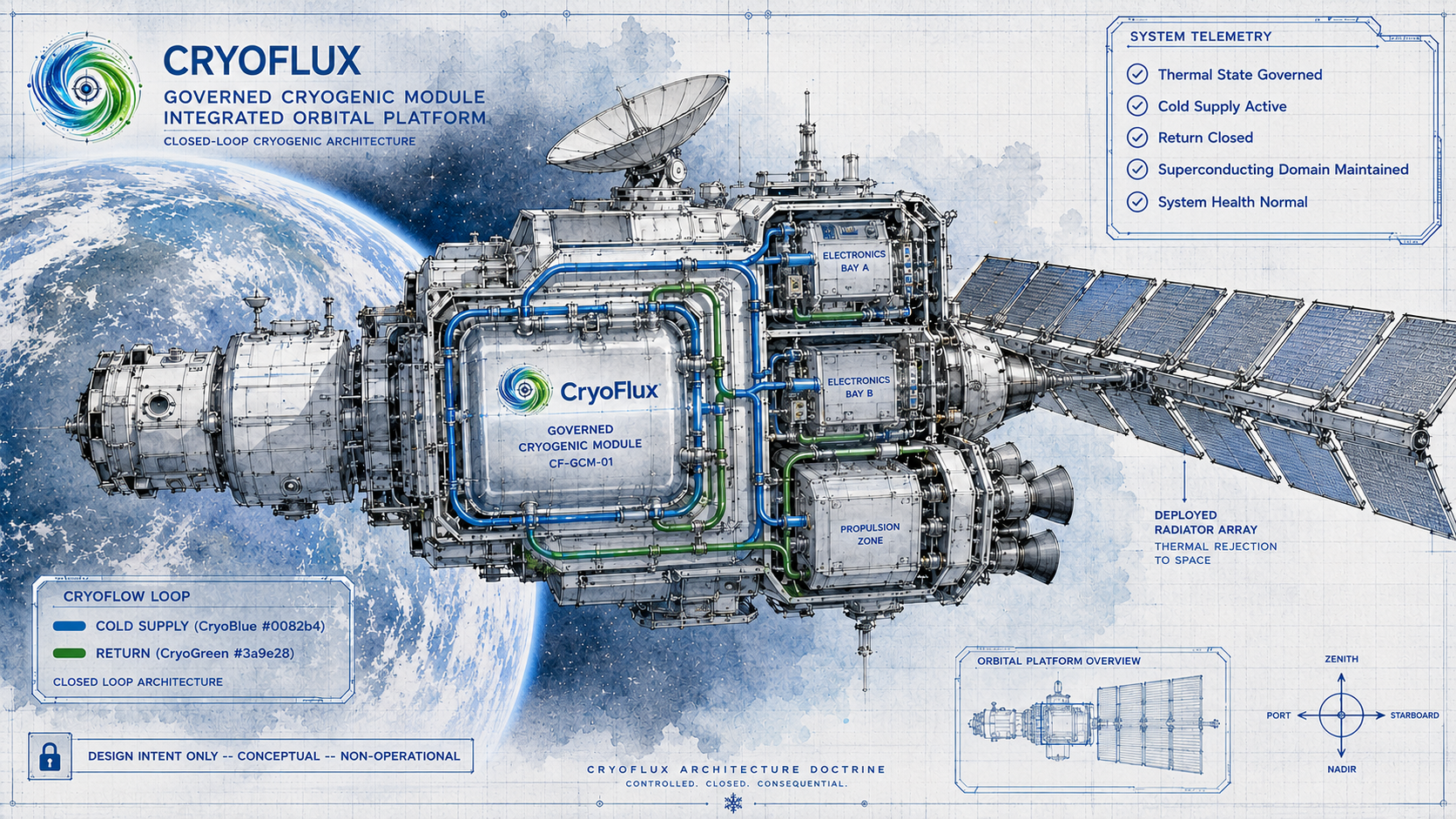 CryoFlux Governed Cryogenic Module CF-GCM-01 integrated orbital platform. CryoBlue supply to electronics bays and propulsion zone. CryoGreen return closed. Radiator array deployed. Telemetry: Thermal State Governed, Cold Supply Active, Return Closed, Superconducting Domain Maintained, System Health Normal. Design intent only -- conceptual -- non-operational.