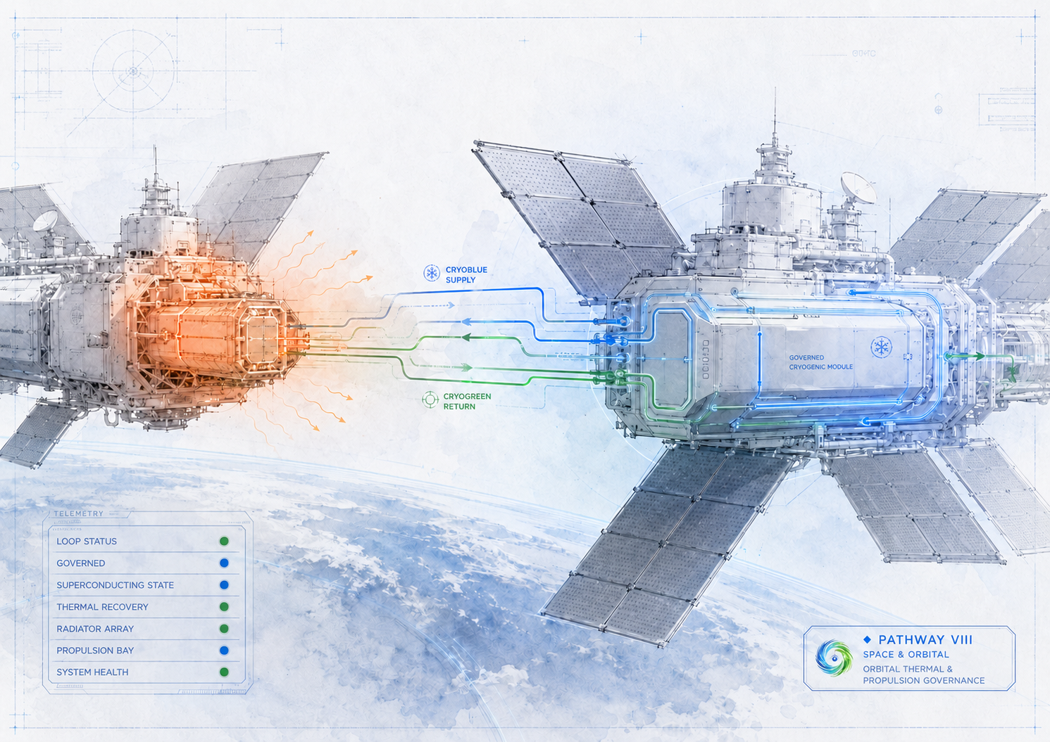 CryoFlux Space and Orbital Lane -- Exposed orbital thermal burden on left with unmanaged heat pathways. CryoBlue supply and CryoGreen return connecting to Governed Cryogenic Module on right. Telemetry panel showing Loop Status, Governed, Superconducting State, Thermal Recovery, Radiator Array, Propulsion Bay, System Health. Architecture concept only.