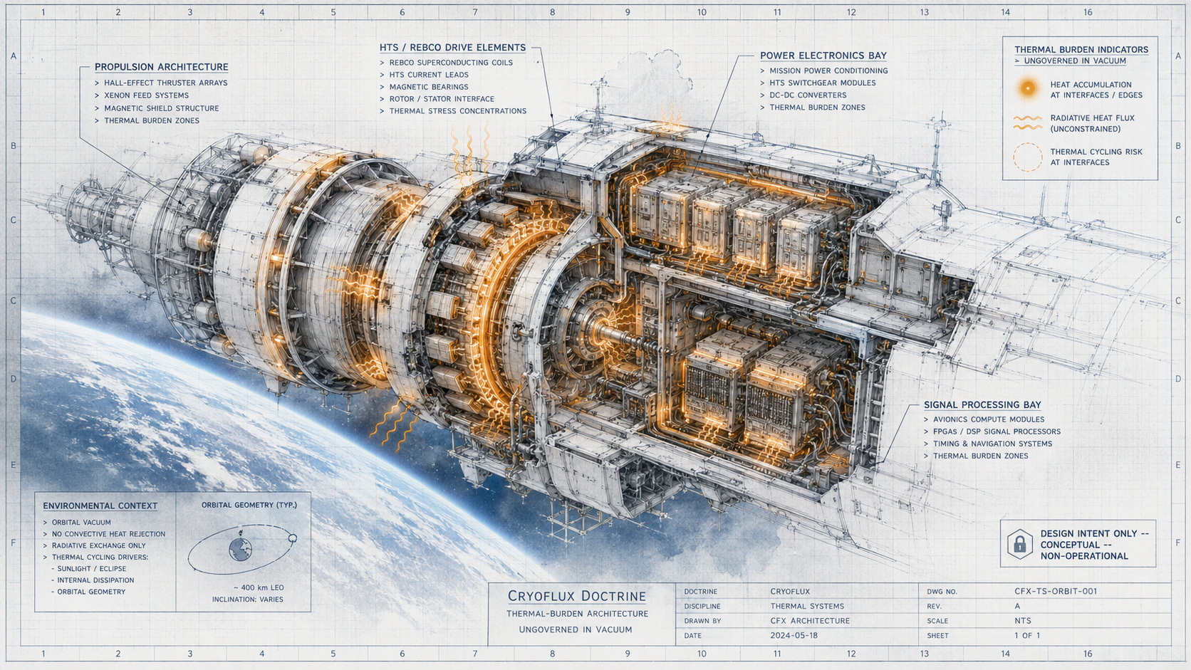 Orbital propulsion and superconducting electronics thermal burden -- REBCO coils, HTS current leads, power electronics, signal processing bay. Amber thermal burden at interfaces. Design intent only -- conceptual -- non-operational.